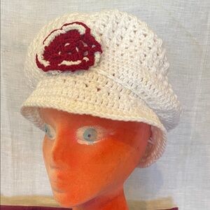 Elegant Cream Crochet Hat with Red Accent handmade new